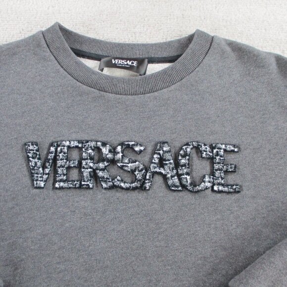 VERSACE Kids Logo Sweatshirt Size 12a Gray Logo Applique Fleece Sweater Crewneck - Picture 2 of 12